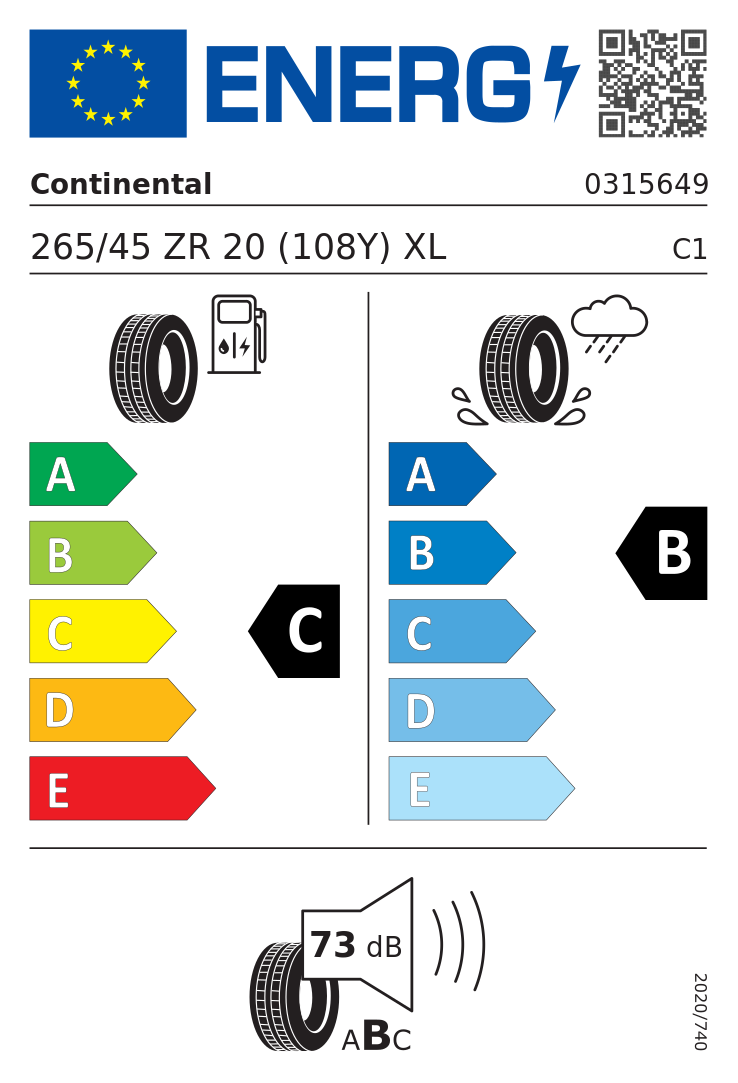 Etykieta UE Continental SportContact 6 265/45R20 108Y XL FR Mercedes