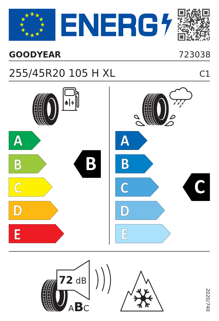 Etykieta UE Goodyear ULTRAGRIP PERFORMANCE 3 255/45R20 105H XL FR