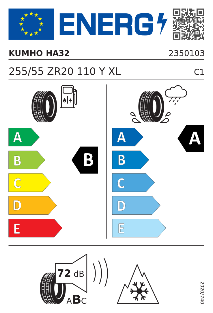 Etykieta UE Kumho SOLUS 4S HA32 255/55R20 110Y XL