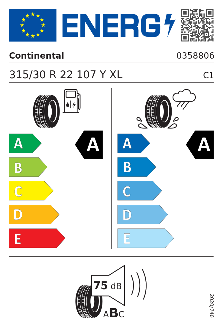 Etykieta UE Continental EcoContact 6 315/30R22 107Y XL BMW