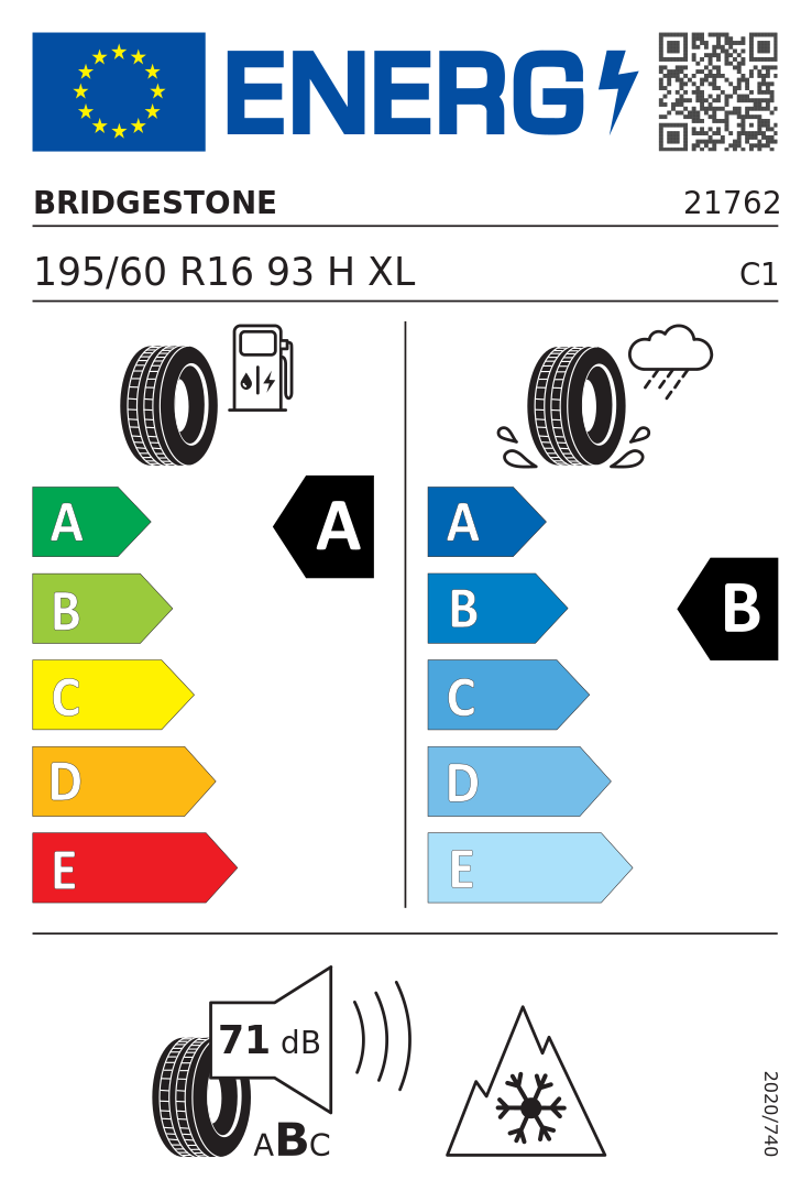 Etykieta opony Bridgestone Weather Control A005 EVO 195/60R16 93H XL