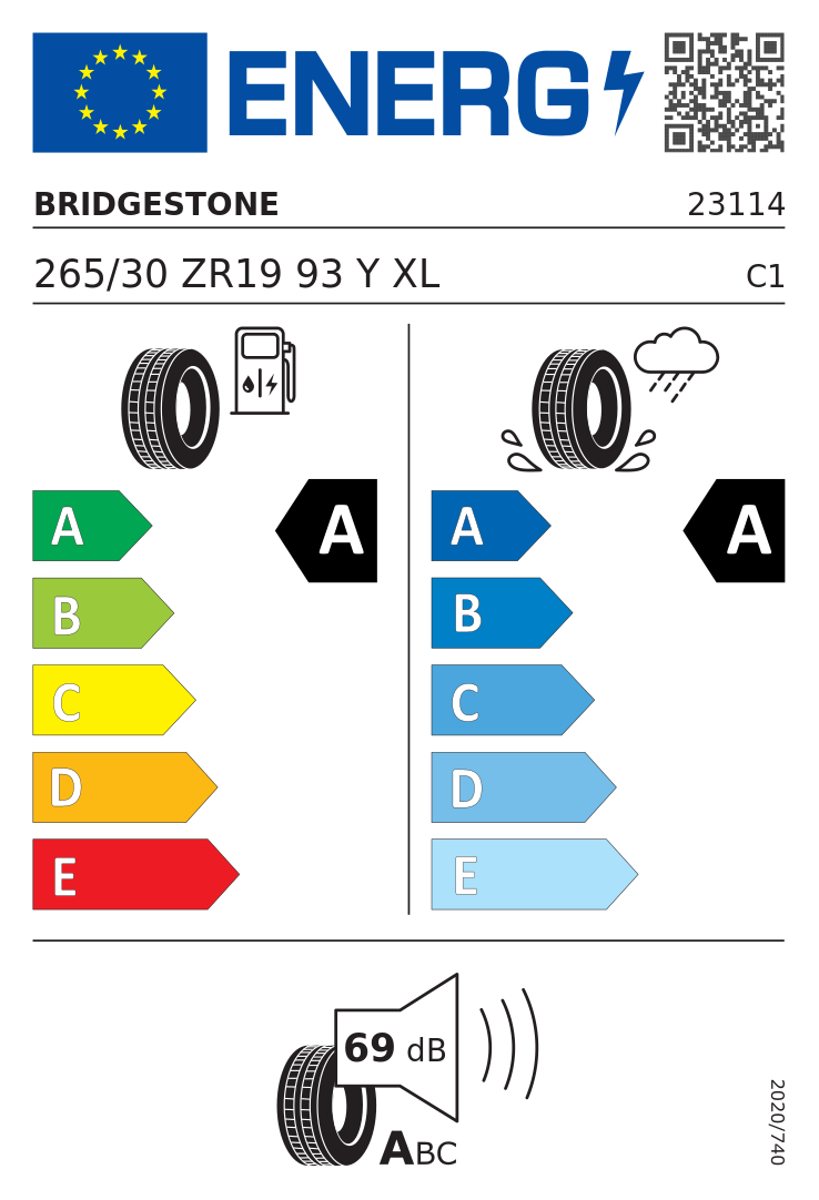 Etykieta opony Bridgestone Potenza Sport 265/30R19 93Y XL Audi