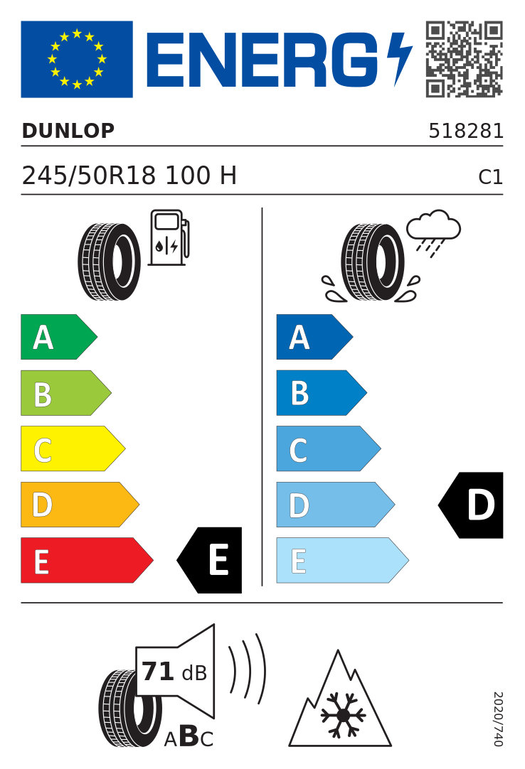 Etykieta UE Dunlop SP WINTER SPORT 3D 245/50R18 100H FR Run Flat BMW
