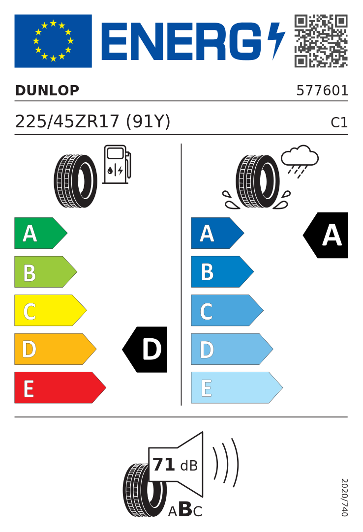 Etykieta UE Dunlop SPORT MAXX RT2 225/45R17 91Y FR
