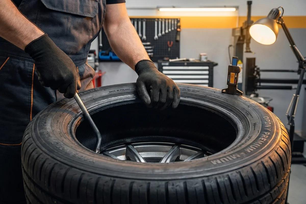 Mechanik dokładnie sprawdzający wnętrze i stopkę opony samochodowej w warsztacie