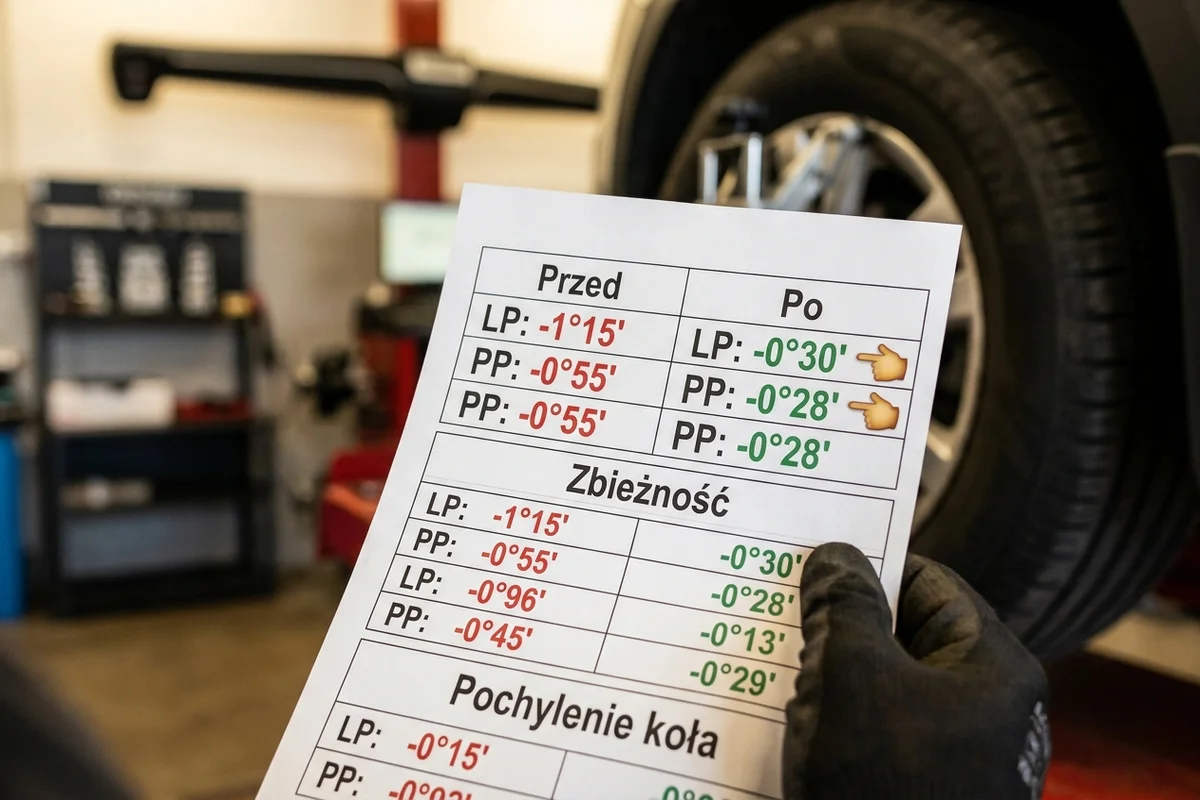Przykładowy protokół geometrii z wartościami przed i po regulacji