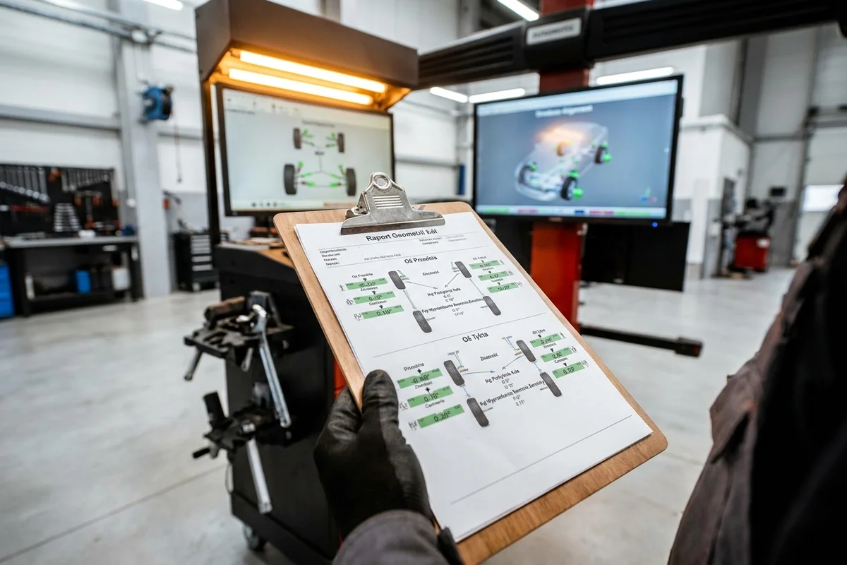 Wydruk wyników sprawdzania i ustawiania geometrii kół