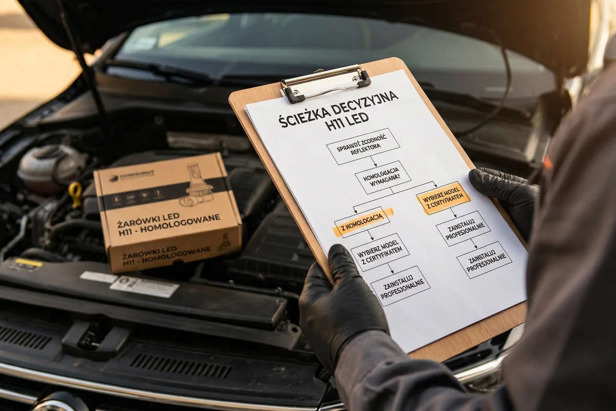 Checklista i diagram kontrolny wyboru i montażu żarówki H11 LED w warsztacie samochodowym