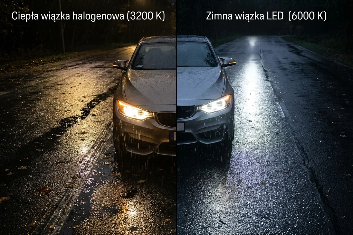 Dwie wiązki światła o różnej barwie oświetlające mokrą drogę przed samochodem