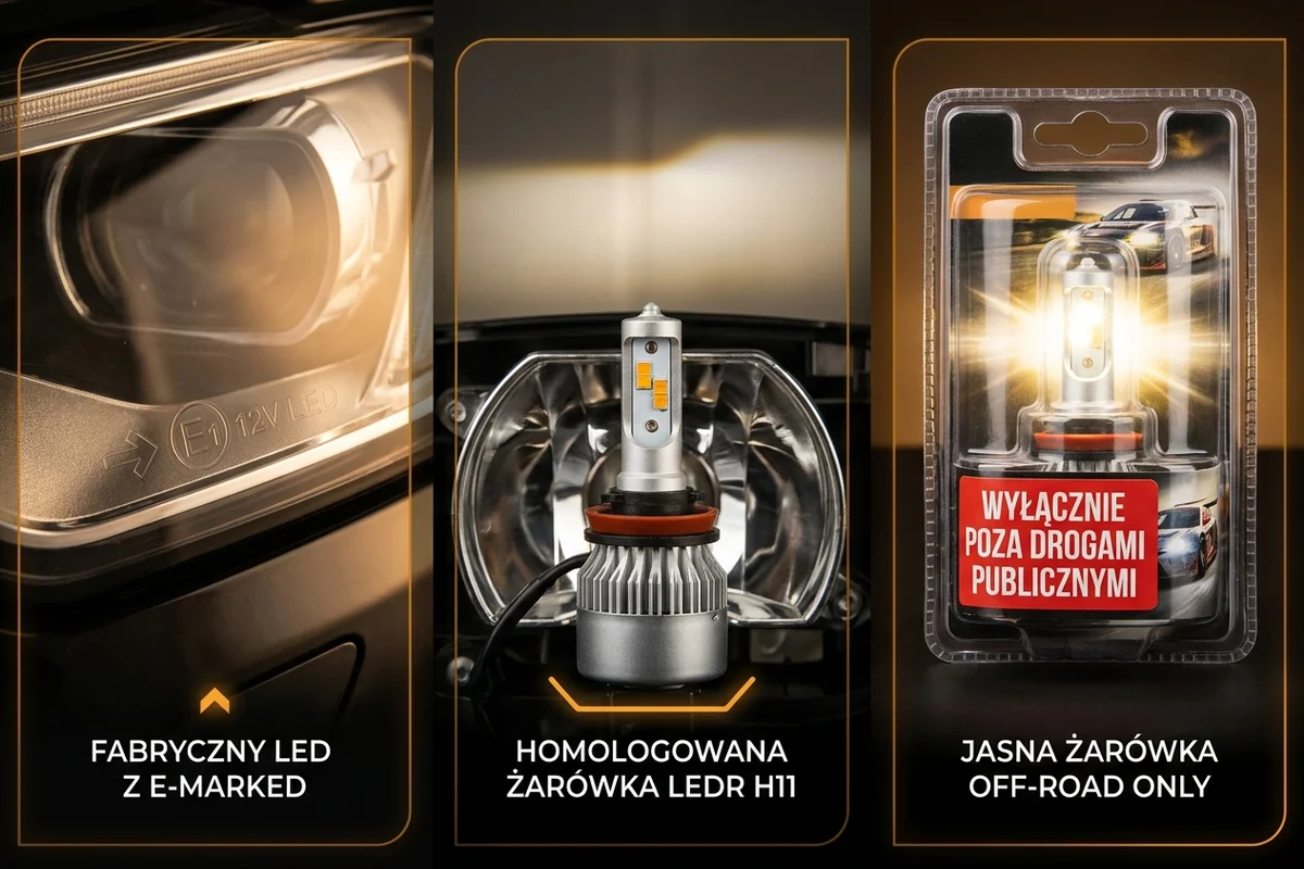 Fabryczna lampa LED, homologowane źródło H11 LEDr i niedopuszczony retrofit off-road