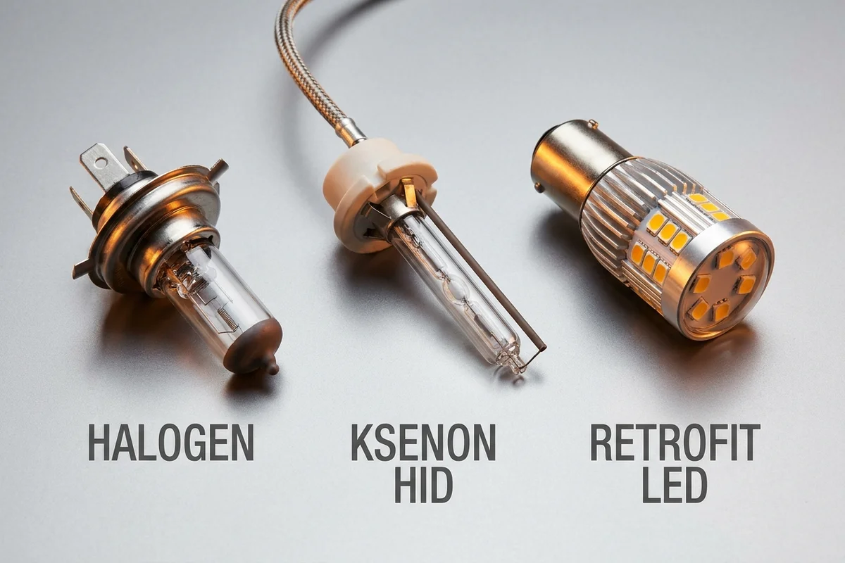 Halogenowa żarówka samochodowa, lampa ksenonowa i źródło LED zestawione według technologii
