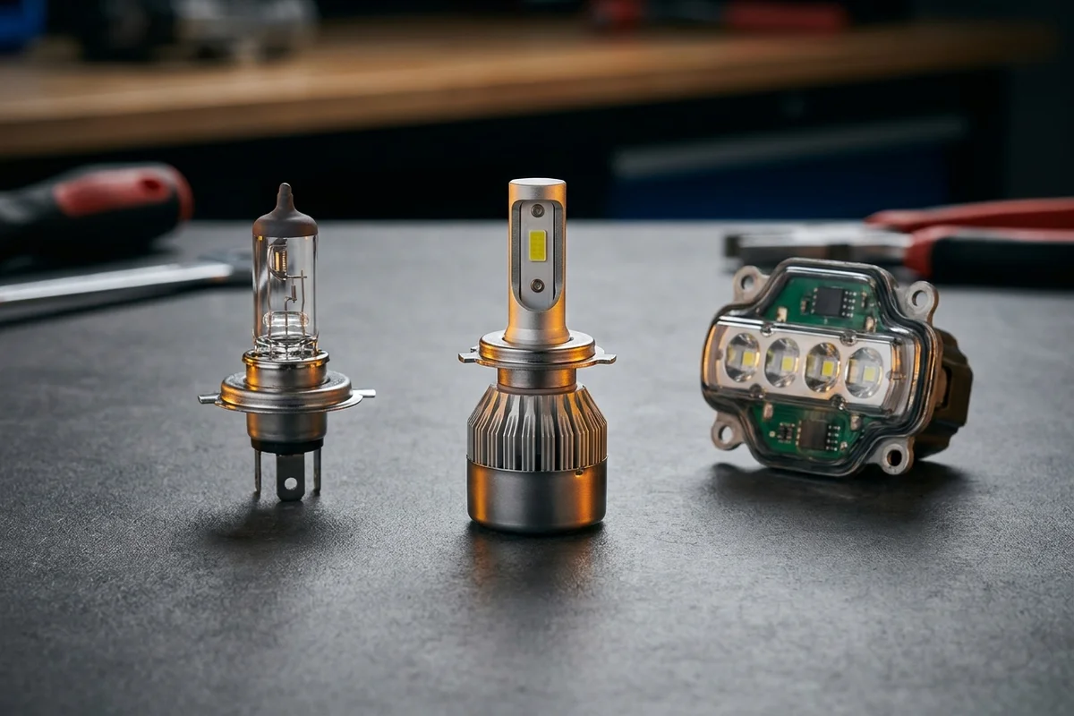 Halogenowa żarówka samochodowa, retrofit LED i fabryczny moduł LED zestawione jako trzy różne technologie