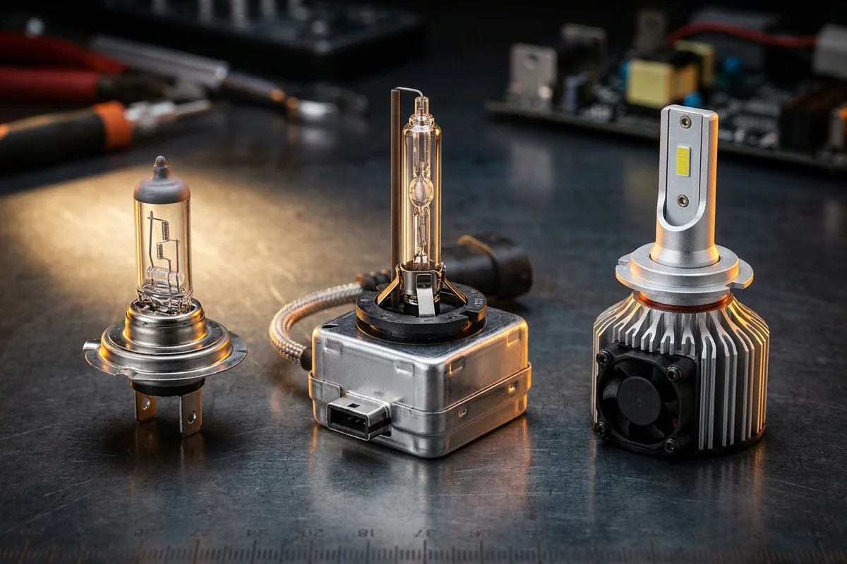 Halogenowa żarówka samochodowa, żarnik ksenonowy i retrofit LED pokazane obok siebie