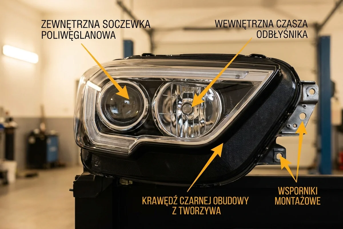Klosz, obudowa, mocowania i uszczelnienie reflektora samochodowego wskazane jako obszary renowacji