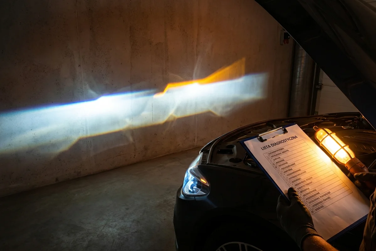 Kontrola prawidłowego osadzenia retrofitu LED oraz wzoru światła reflektora po montażu