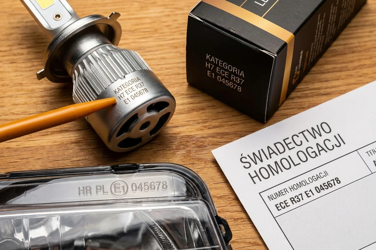 Lokalizacja kategorii i numeru homologacji na żarówce LED, opakowaniu i reflektorze