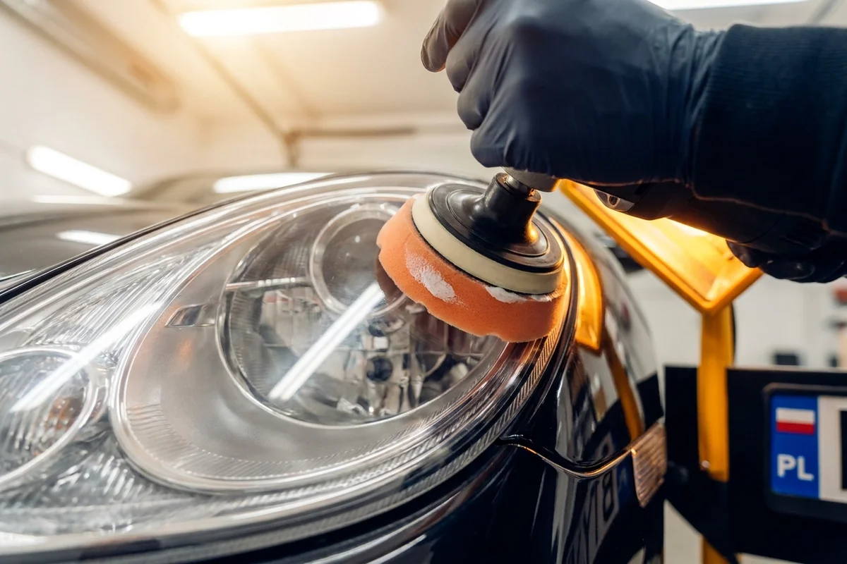 Mała polerka z talerzem dopasowanym do zakrzywionej powierzchni plastikowego reflektora