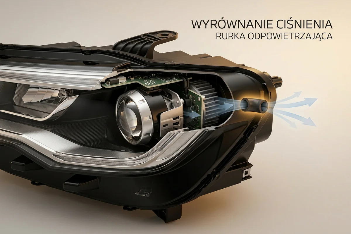 Obudowa reflektora z zaznaczonym kanałem wentylacyjnym i kierunkiem wymiany powietrza