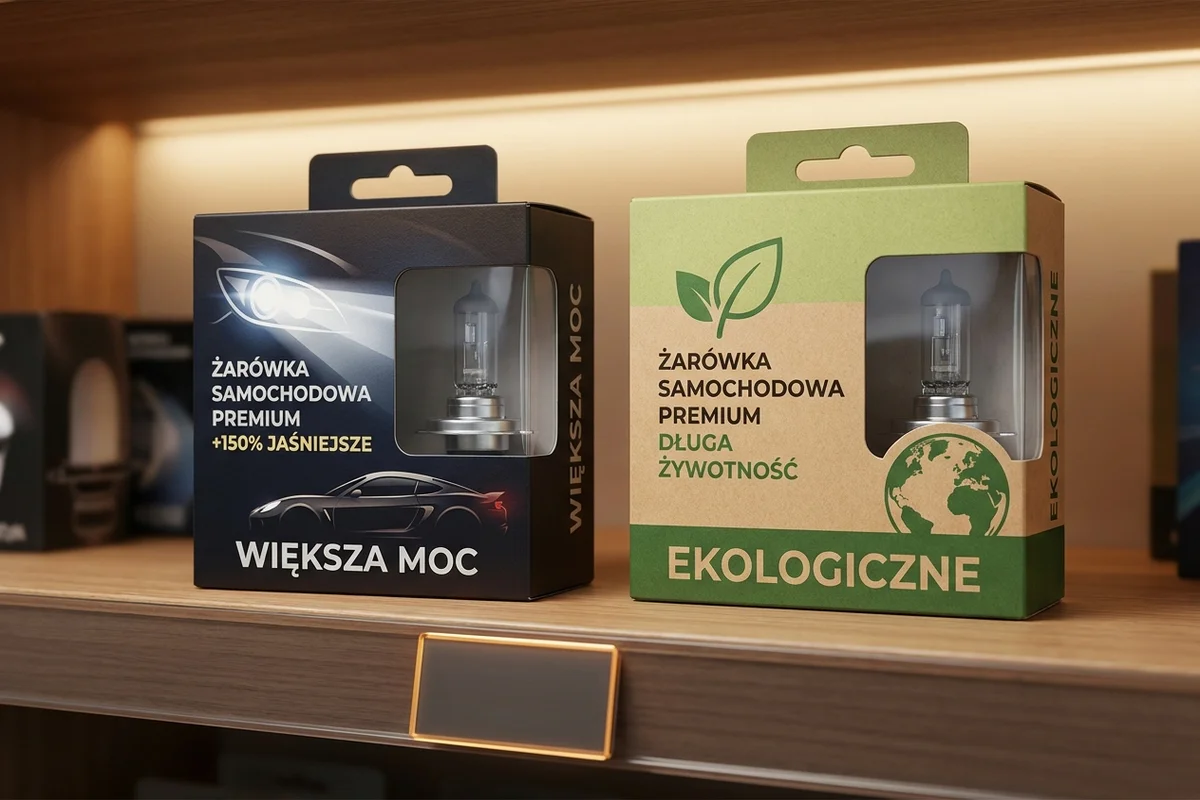 Opakowania żarówek samochodowych o różnym nacisku na jasność i trwałość