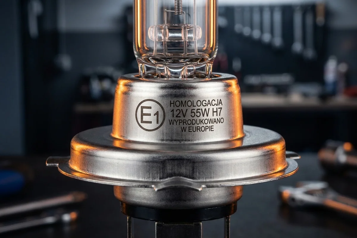 Oznaczenia H11, 12 V, 55 W i znak homologacji na żarówce samochodowej