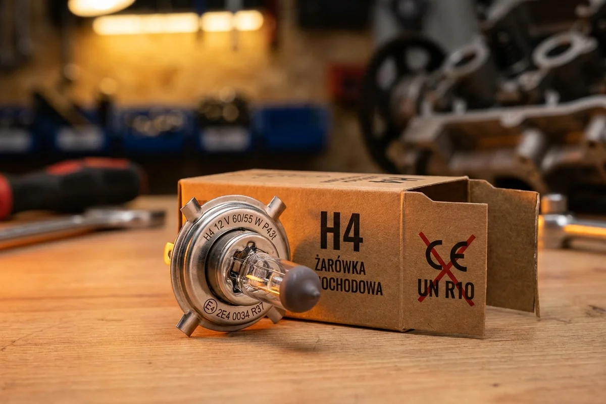 Oznaczenia żarówki H4 12 V 60/55 W P43t z pełnym numerem homologacji obok znaków CE i UN R10