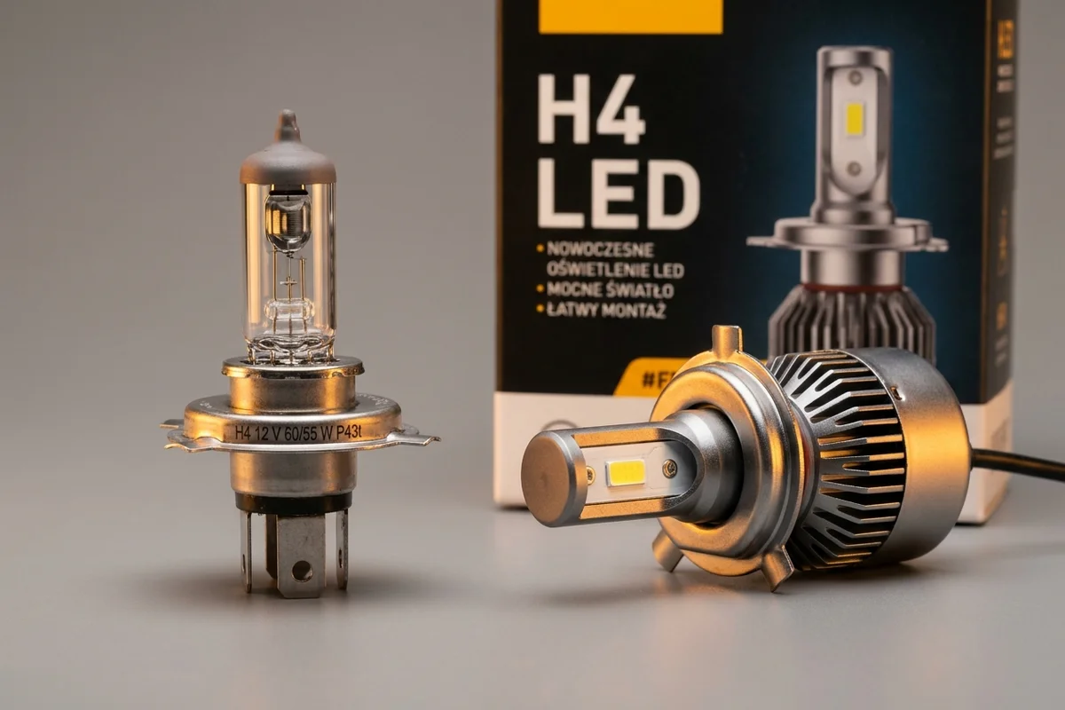 Oznaczenie H4 12 V 60/55 W P43t oraz handlowy napis H4 LED na dwóch źródłach światła