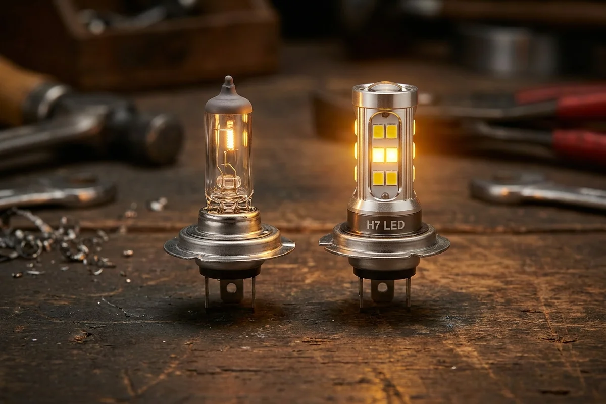 Położenie żarnika halogenowego H7 i chipów żarówki H7 LED względem ogniska reflektora