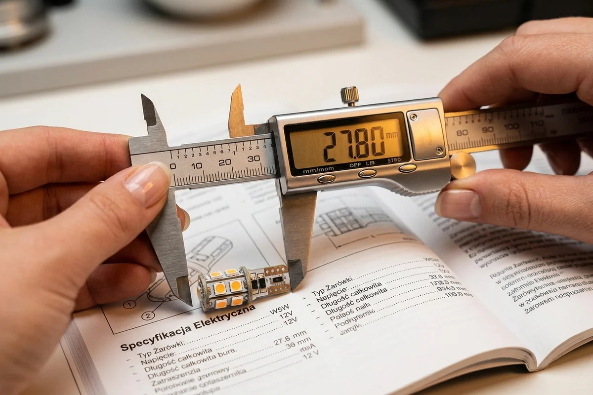 Pomiar wymiarów zamiennika LED oraz kontrola oznaczeń elektrycznych i homologacyjnych
