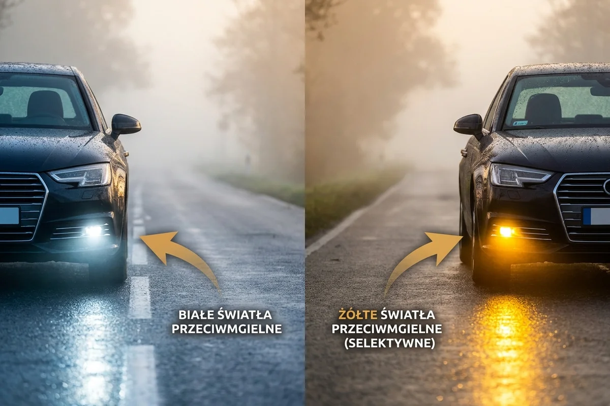 Porównanie białego i selektywnie żółtego światła przednich lamp przeciwmgielnych