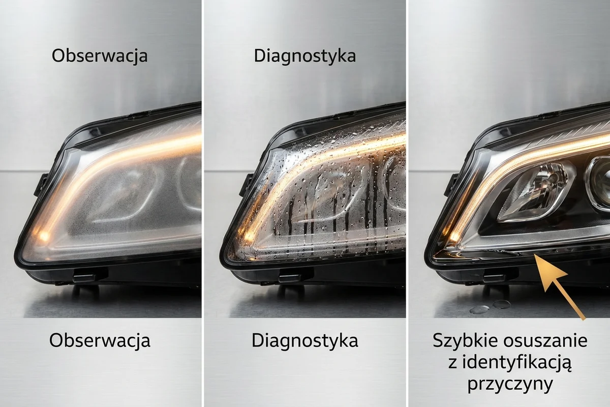 Porównanie cienkiej mgiełki (obserwacja), kropli z zaciekami (diagnostyka) oraz stojącej wody (osuszenie i przyczyna)