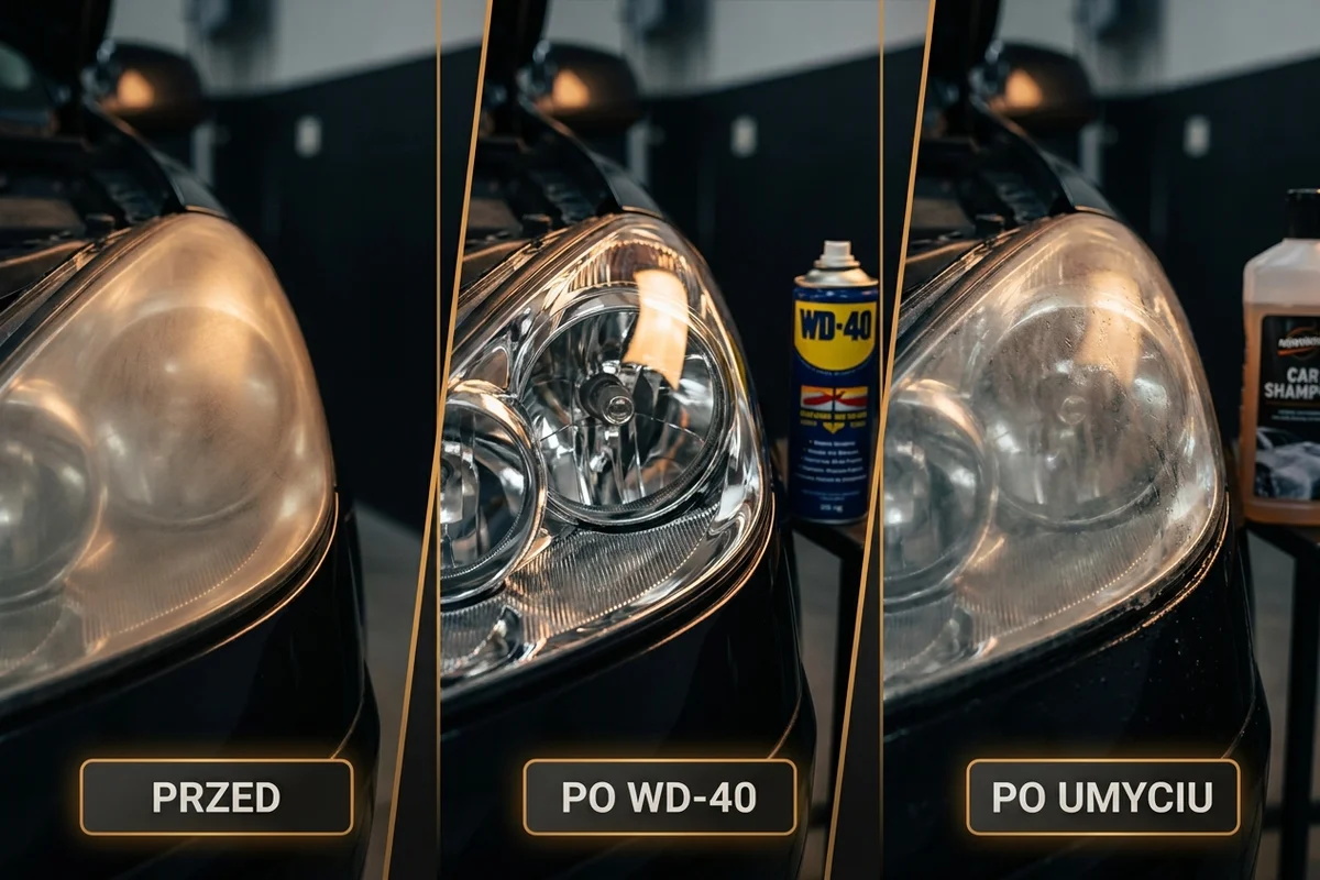 Porównanie fragmentu reflektora przed użyciem WD-40, po nałożeniu i po umyciu szamponem