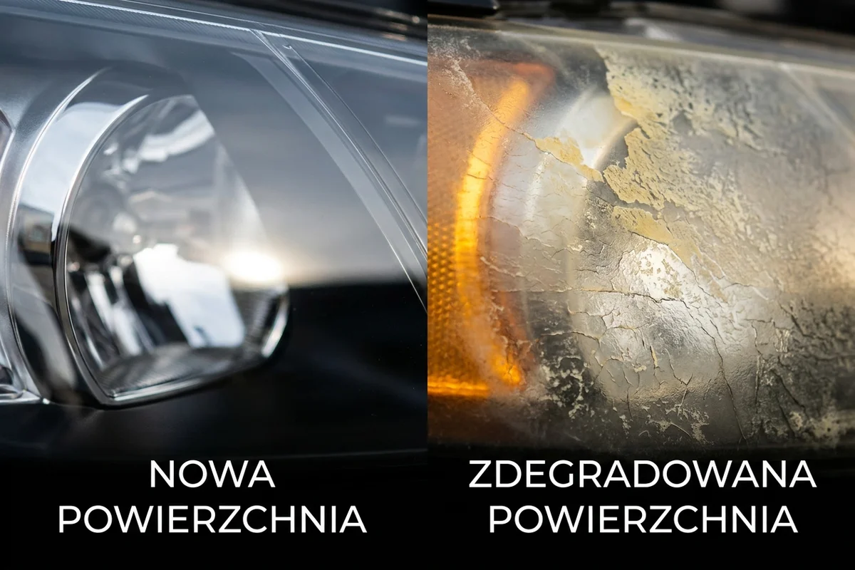 Porównanie nienaruszonej powłoki ochronnej z łuszczącym się, żółtym tworzywem lampy