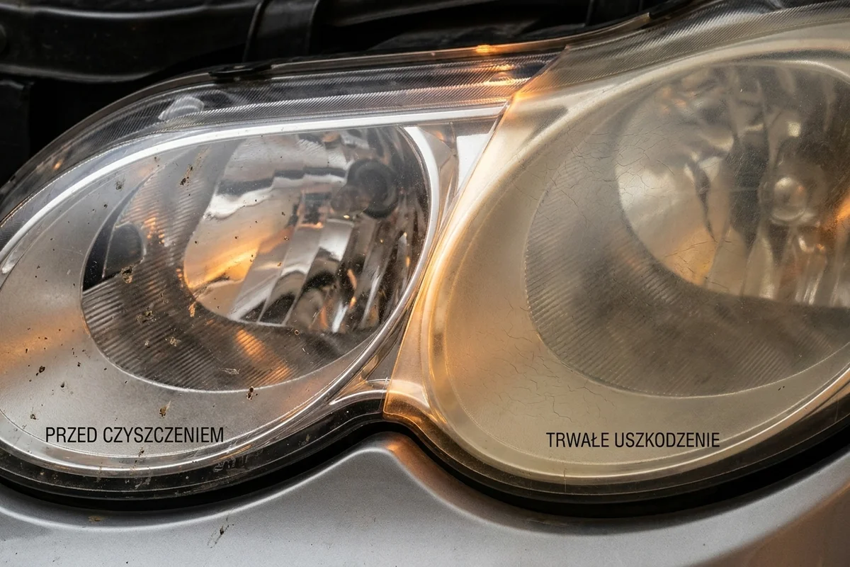 Porównanie powierzchniowego brudu oraz żółtego, zmatowiałego klosza reflektora