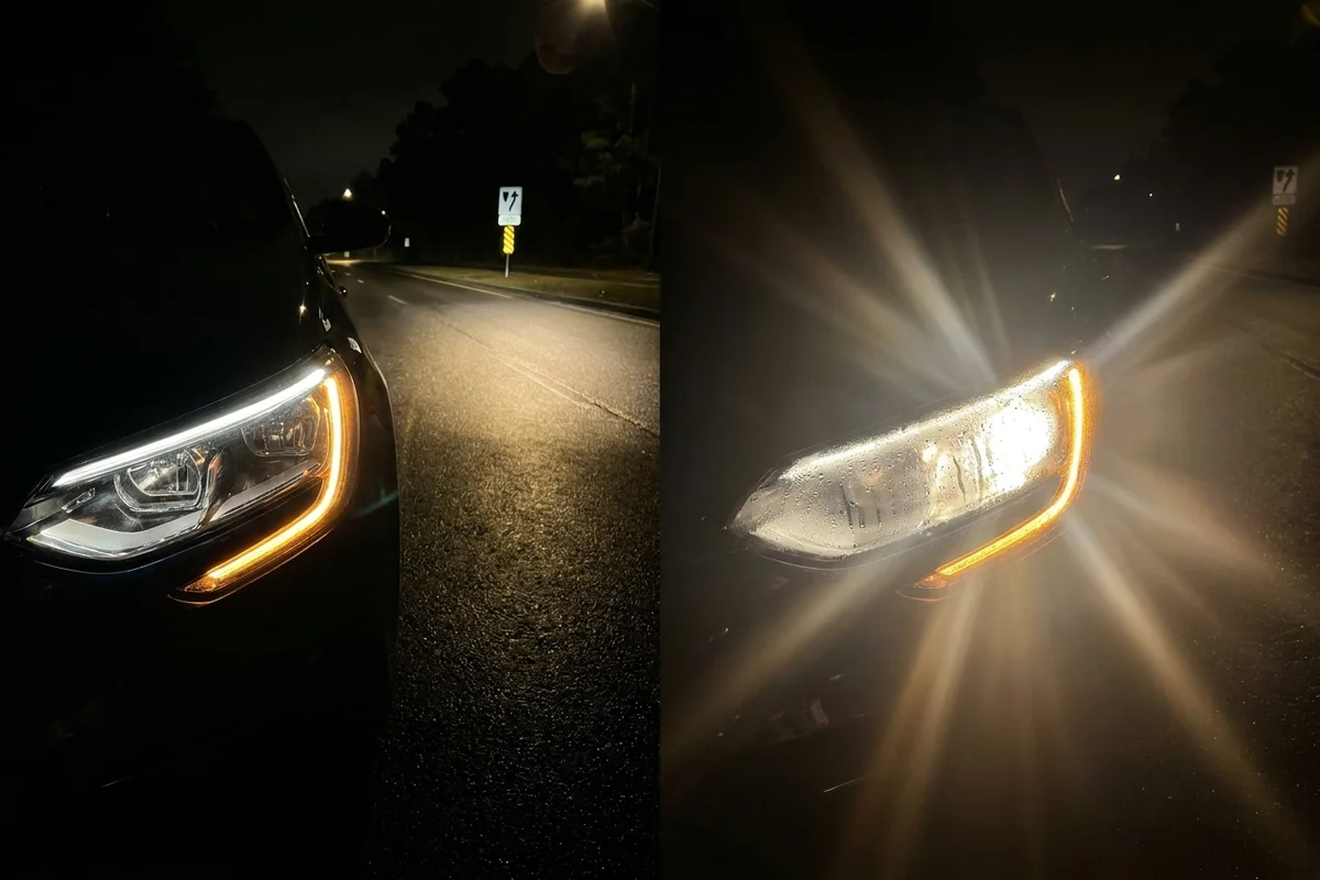 Porównanie prawidłowej wiązki światła z wiązką rozproszoną przez krople wewnątrz reflektora