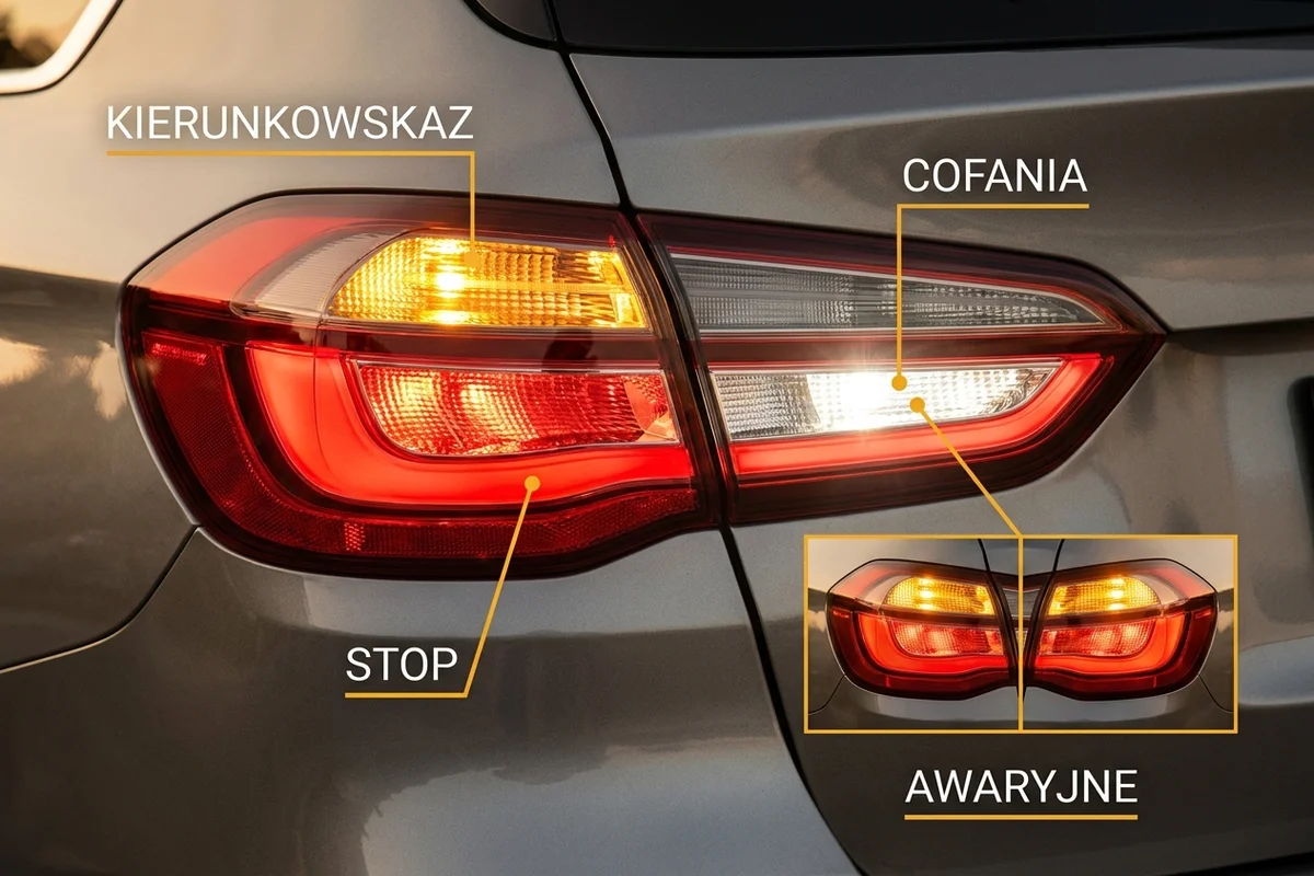 Porównanie sygnałów kierunkowskazu, świateł awaryjnych, STOP i cofania