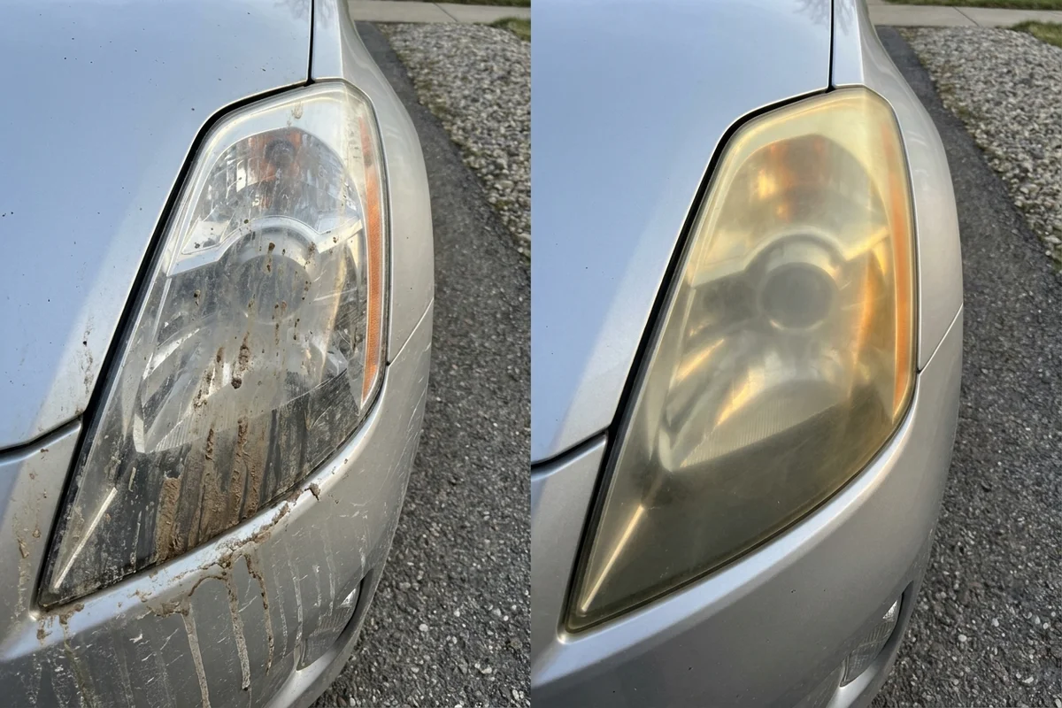 Porównanie zabrudzonego reflektora z kloszem trwale zmatowiałym i pożółkłym