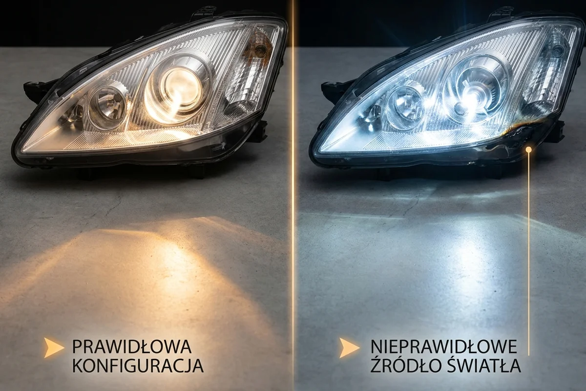 Porównanie zgodnego źródła światła z nieprawidłowo dobranym zamiennikiem w reflektorze