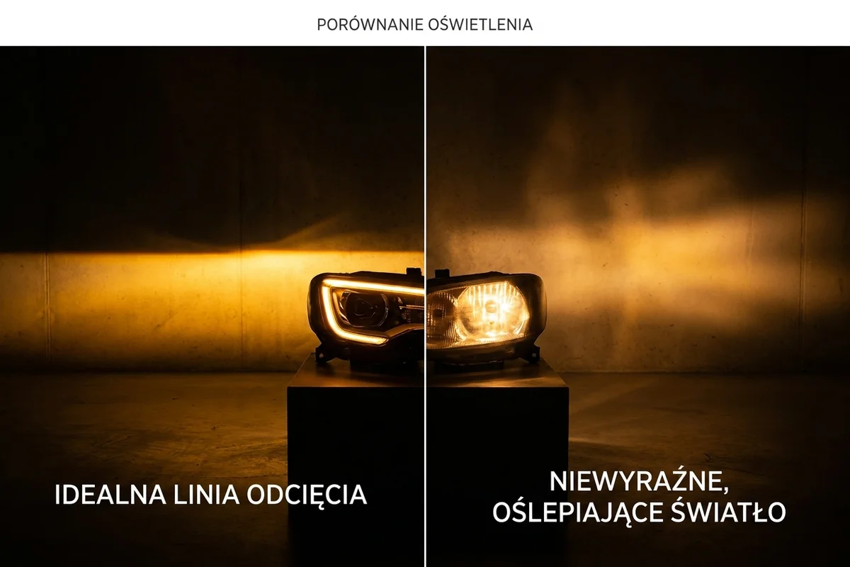 Prawidłowa i zaburzona granica światła reflektora z wymiennym źródłem H7