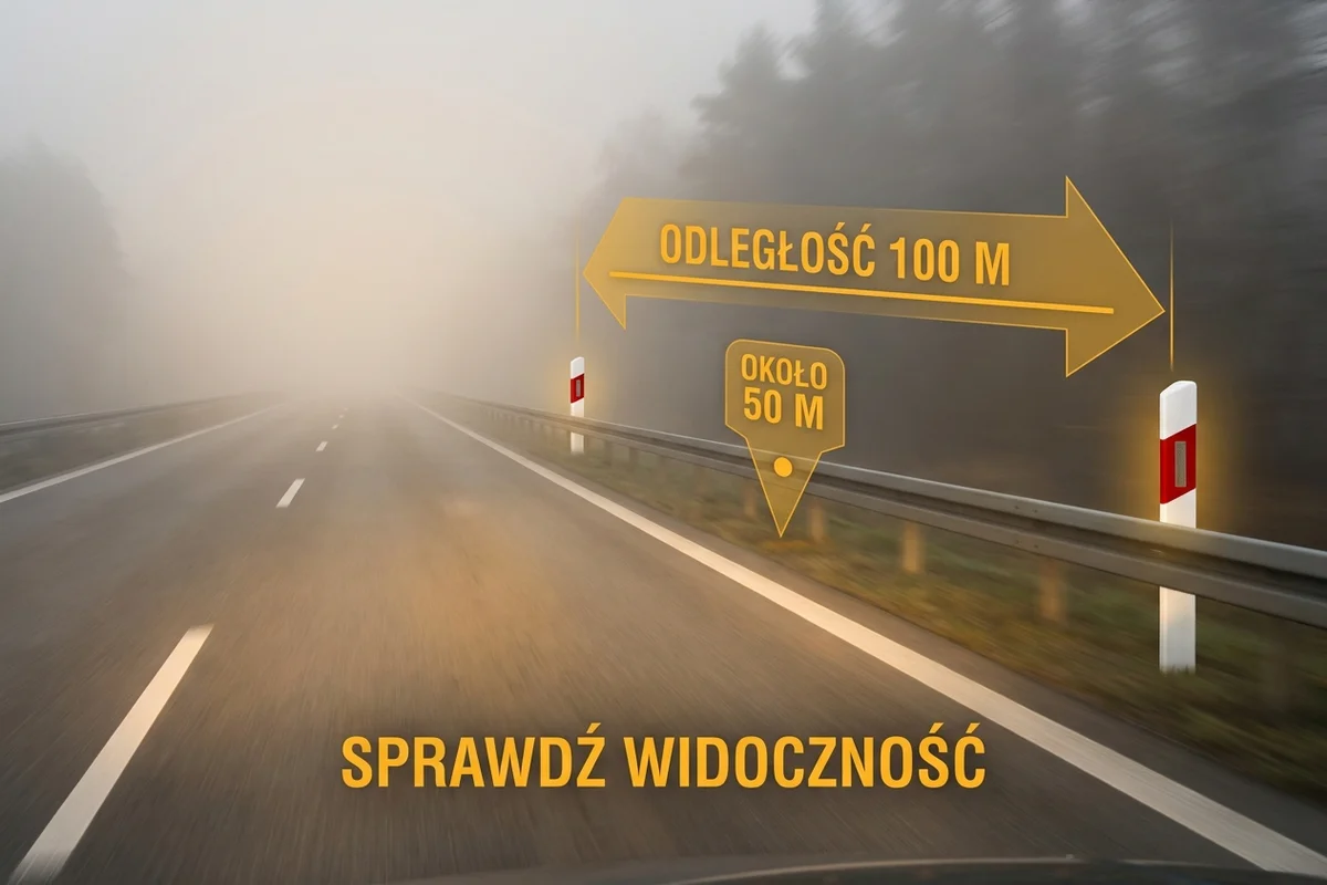 Prosty odcinek autostrady pokazujący odległość 100 metrów między słupkami U-1a z zaznaczoną połową dystansu. Pamiętaj, że na łukach metoda ta nie działa automatycznie.