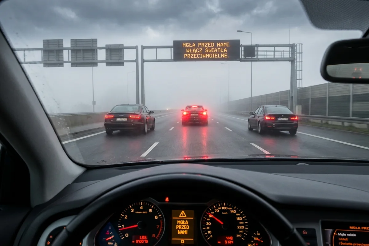 Samochody jadące autostradą na odcinku objętym miejscową mgłą