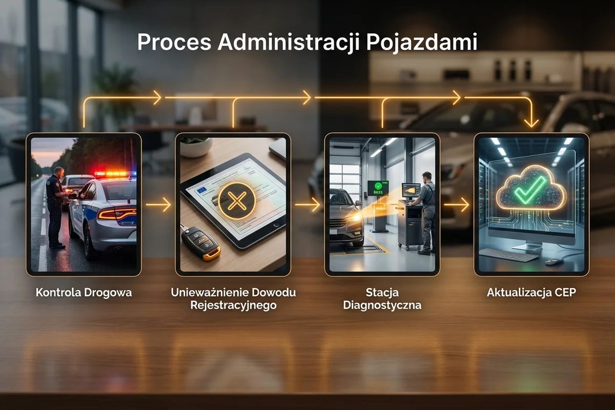 Schemat kontroli drogowej, zatrzymania dowodu, badania technicznego i wpisu o zwrocie w CEP