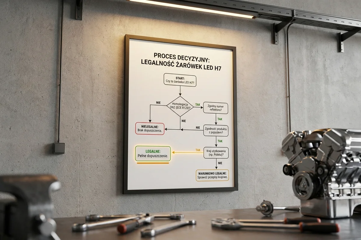 Schemat sprawdzania homologacji ONZ, reflektora, produktu i państwa użytkowania H7 LED