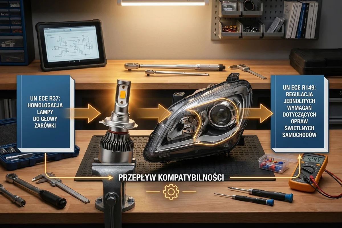 Schemat zależności między homologacją H11 LEDr według R37, homologacją reflektora i regulaminem R149