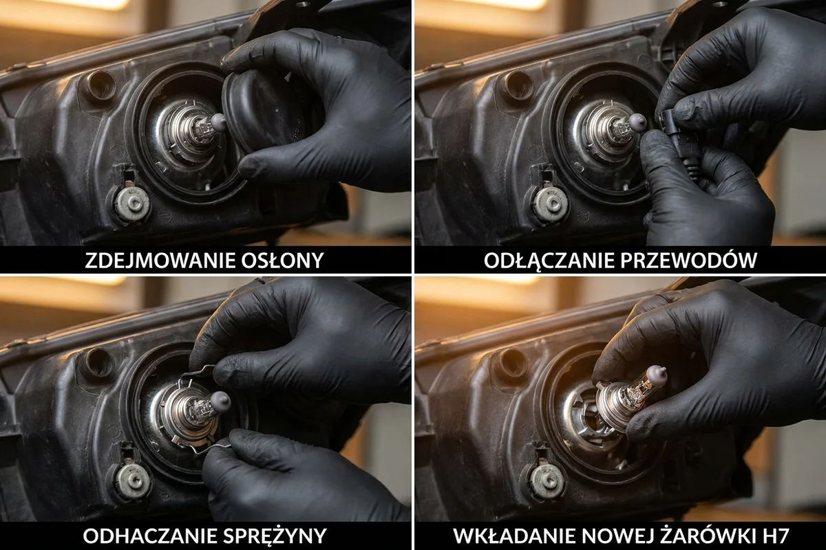 Siedem etapów wyjmowania i montażu żarówki halogenowej w reflektorze samochodu