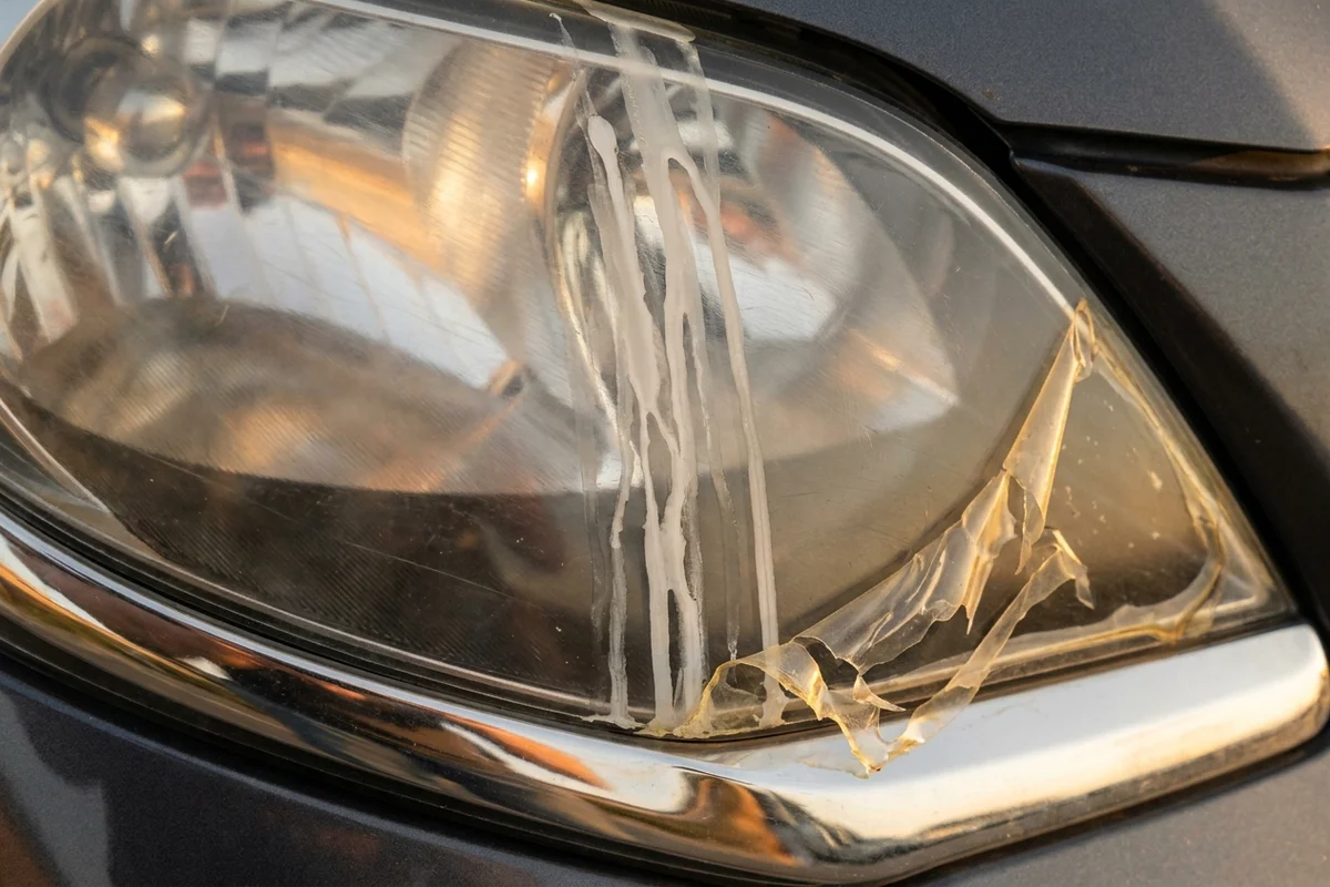 Smugi, zacieki i odspajająca się warstwa ochronna na kloszu lampy
