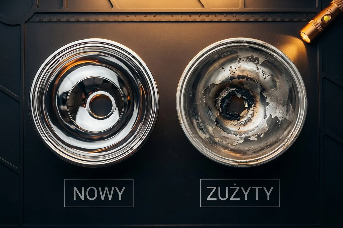 Sprawny i zużyty moduł soczewkowy reflektora samochodowego
