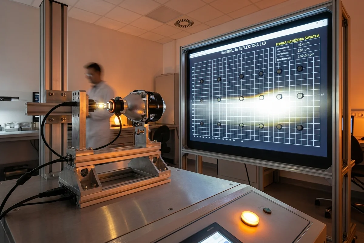 Stanowisko pomiarowe reflektora z żarówką H11 LED i ekranem analitycznym rozkładu wiązki