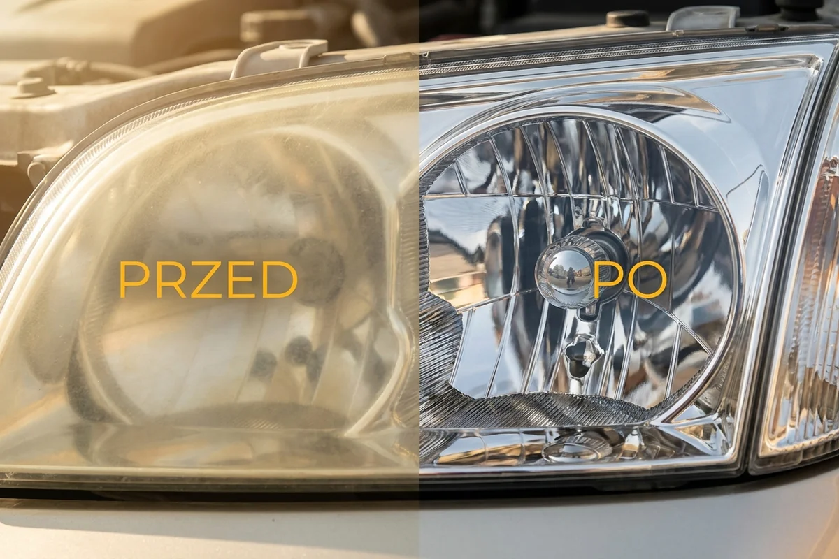 Ten sam reflektor przed polerowaniem z matowym kloszem i po zabiegu z przejrzystą powierzchnią