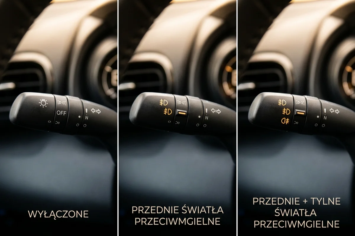 Trzy pozycje pierścienia Toyoty Yaris: wyłączone, przednie światła przeciwmgielne oraz przednie i tylne światła