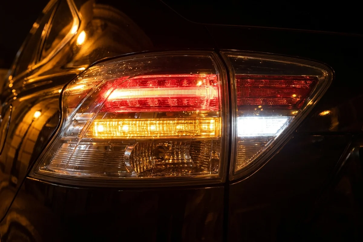 Tył samochodu ze zbliżeniem na włączone światła pozycyjne, stopu, kierunkowskazy, cofania i przeciwmgielne